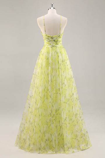 Yellow Green Floral A Line Cut Out Long Prom Dress